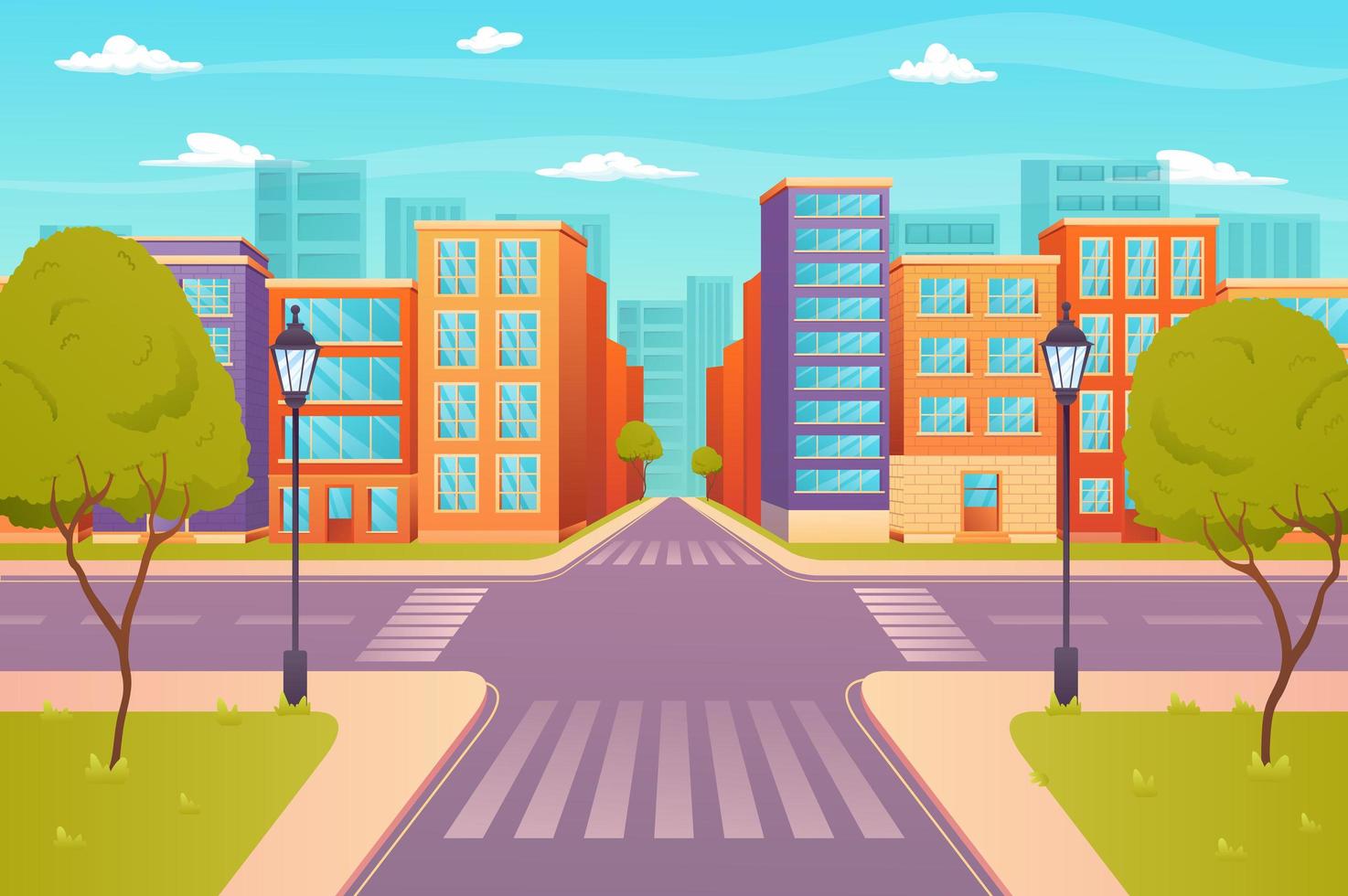 Crossroads on city street view concept in flat cartoon design. Cityview  with roadway, sidewalk with lanterns, buildings, skyscrapers on horizon.  Urban infrastructure. Vector illustration background 4946826 Vector Art at  Vecteezy