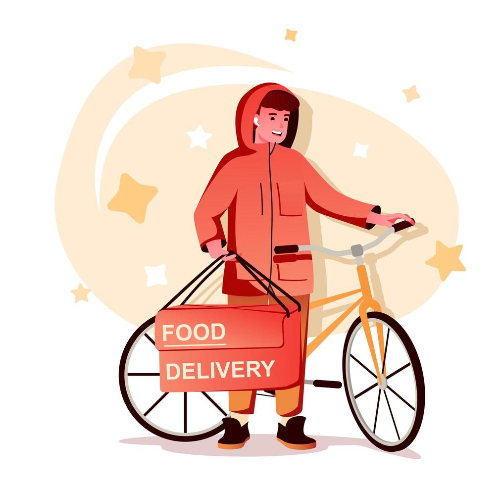 Food delivery flat character concept for web design. Man courier delivering parcel by bicycle, fast shipping at home, modern people scene. Vector illustration for social media promotional materials.