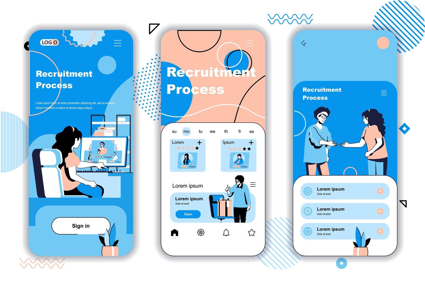 pantallas de incorporación de concepto de proceso de contratación para plantillas de aplicaciones móviles. recursos humanos, currículum y entrevista. Kit de interfaz de usuario ui, ux, gui con escenas de personas para diseño web. ilustración vectorial vector