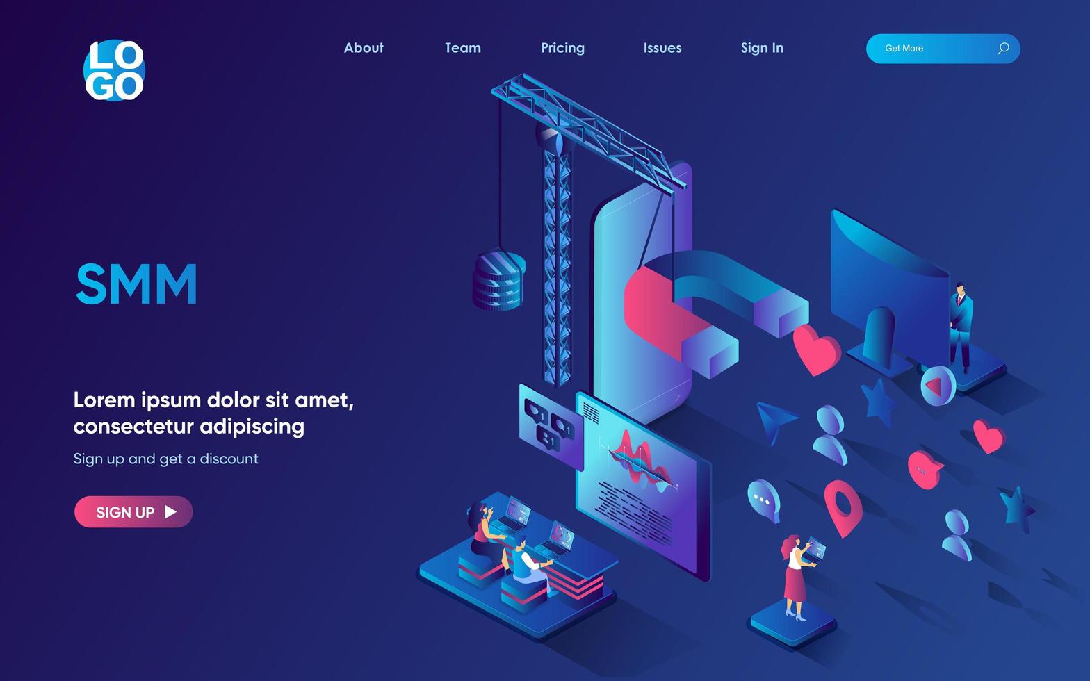 Smm concept isometric landing page. Team analyzes data and develops an online business strategy, social media marketing 3d web banner template. Vector illustration with people scene in flat design