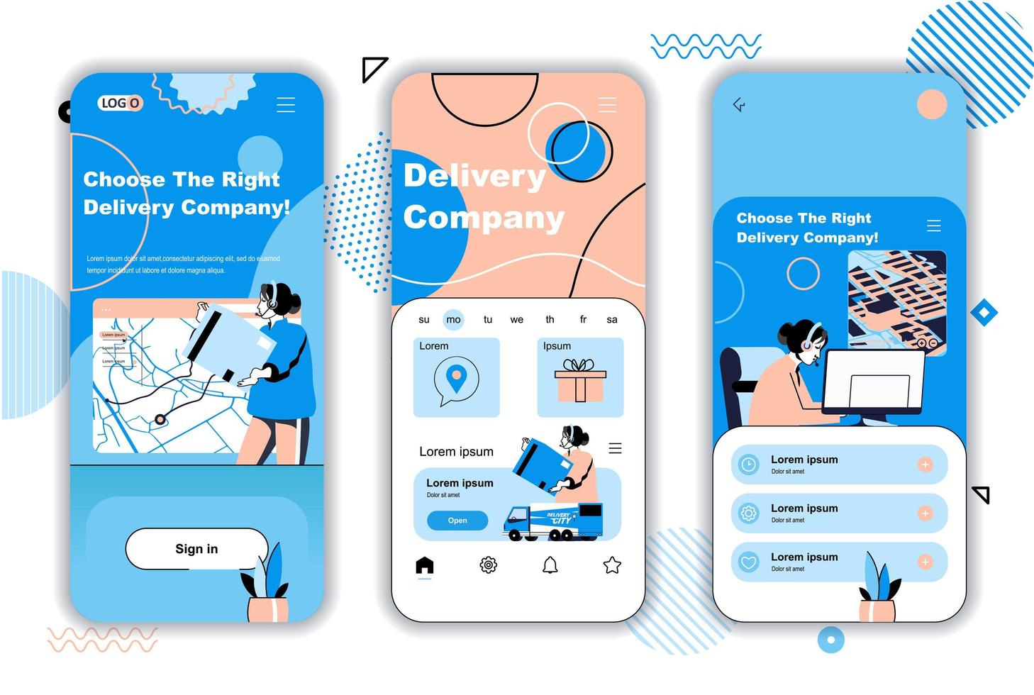Delivery company concept onboarding screens for mobile app templates. Logistics, distribution and fast shipping. UI, UX, GUI user interface kit with people scenes for web design. Vector illustration