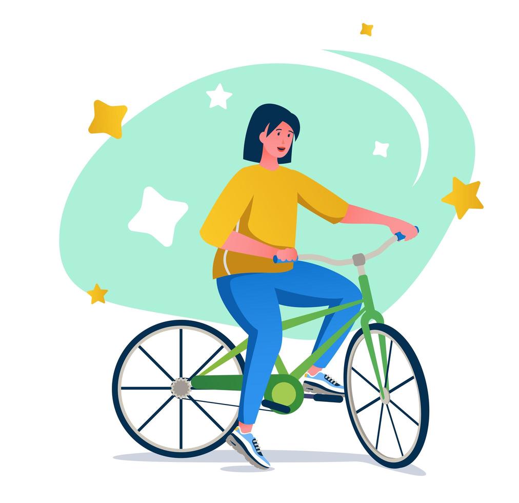 Woman on bicycle flat character concept for web design. Young girl rides bike, eco transport at city, healthy activity modern people scene. Vector illustration for social media promotional materials.