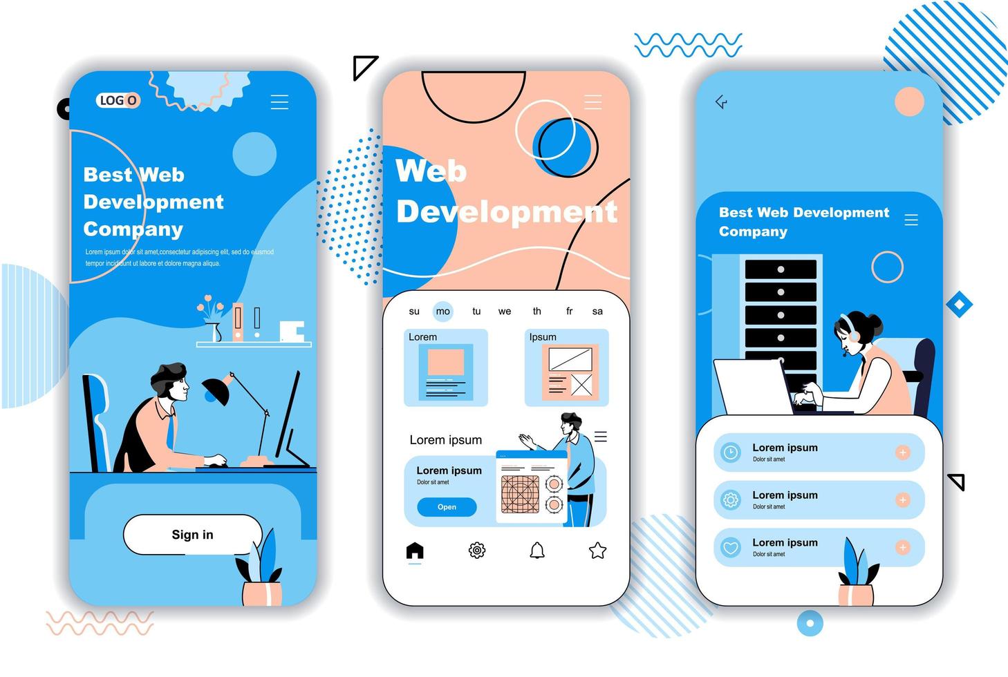 Web development concept onboarding screens for mobile app templates. Developers team create and optimize layout. UI, UX, GUI user interface kit with people scenes for web design. Vector illustration