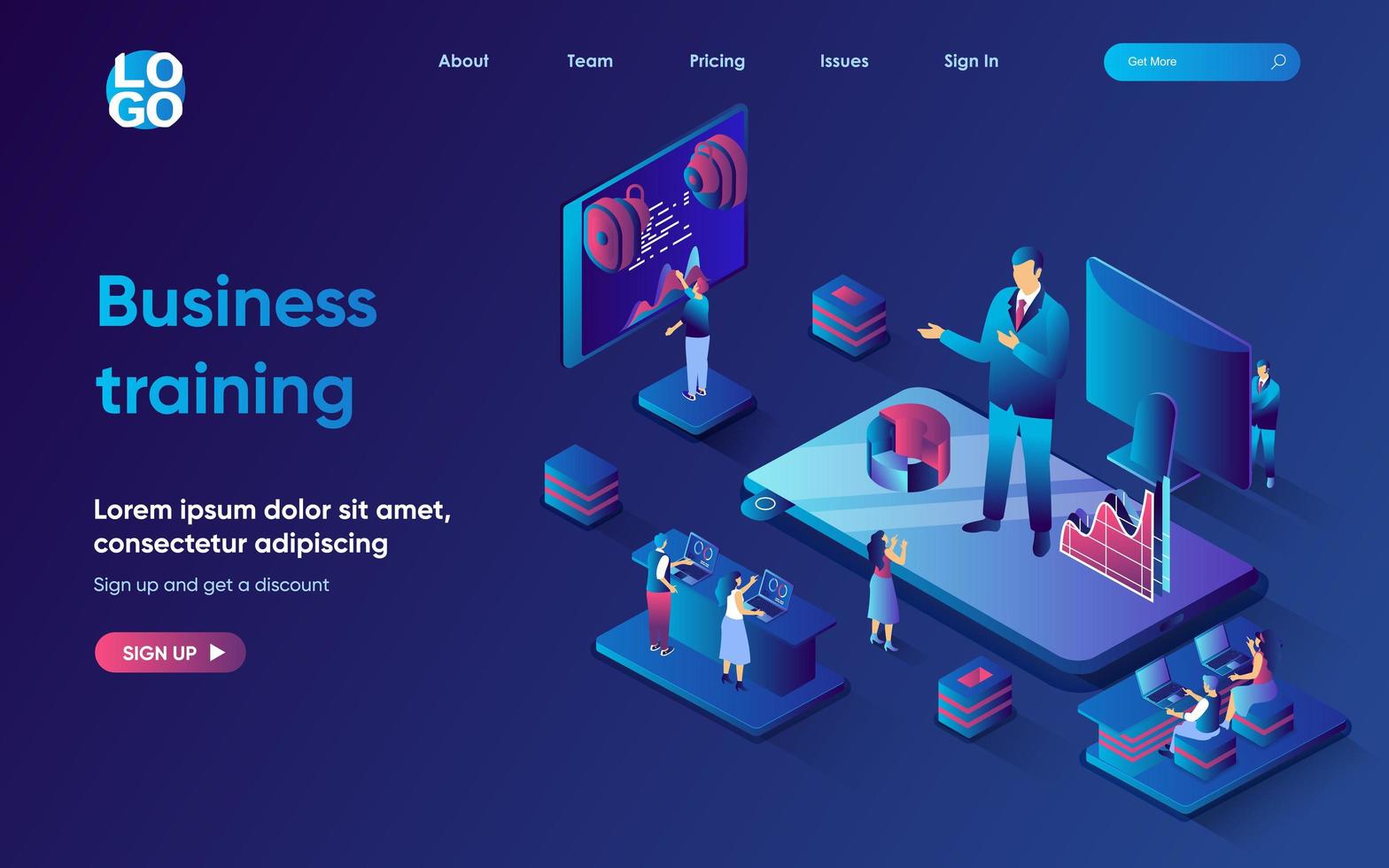 Business training concept isometric landing page. Team listen to motivational speaker, professional skills improvement, 3d web banner template. Vector illustration with people scene in flat design