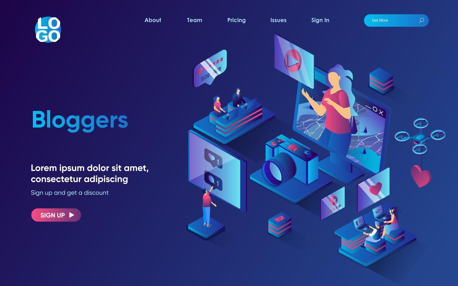 Bloggers concept isometric landing page. Team creates and publishes video content to blog, followers comment and like, 3d web banner template. Vector illustration with people scene in flat design