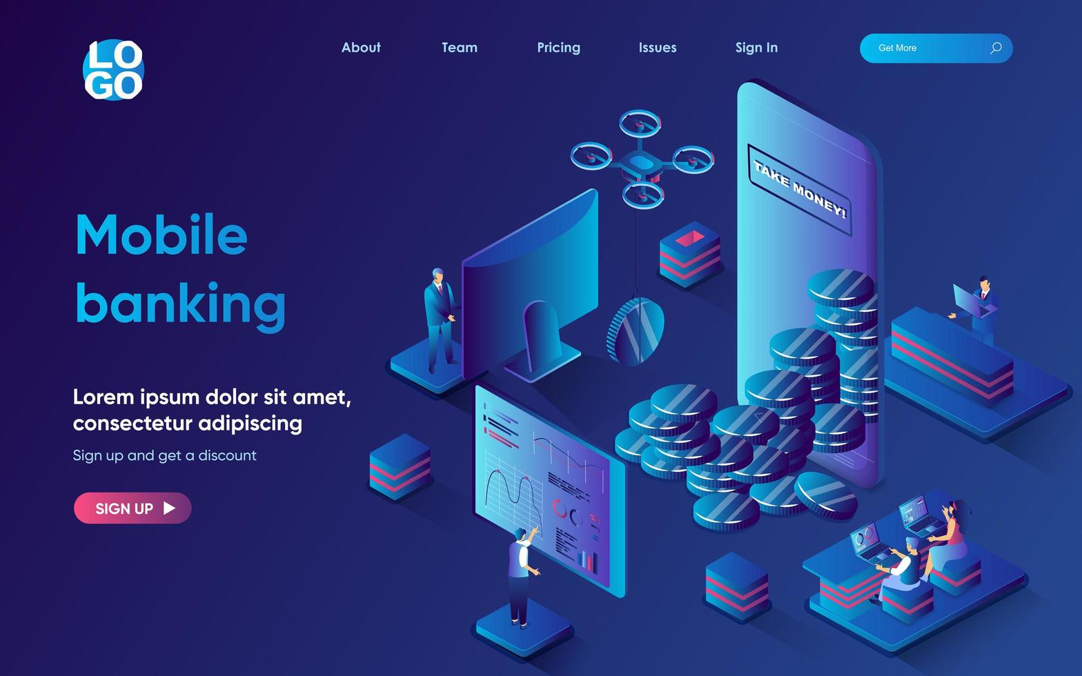 Mobile banking concept isometric landing page. Bank clients make transactions and take money from account in application, 3d web banner template. Vector illustration with people scene in flat design