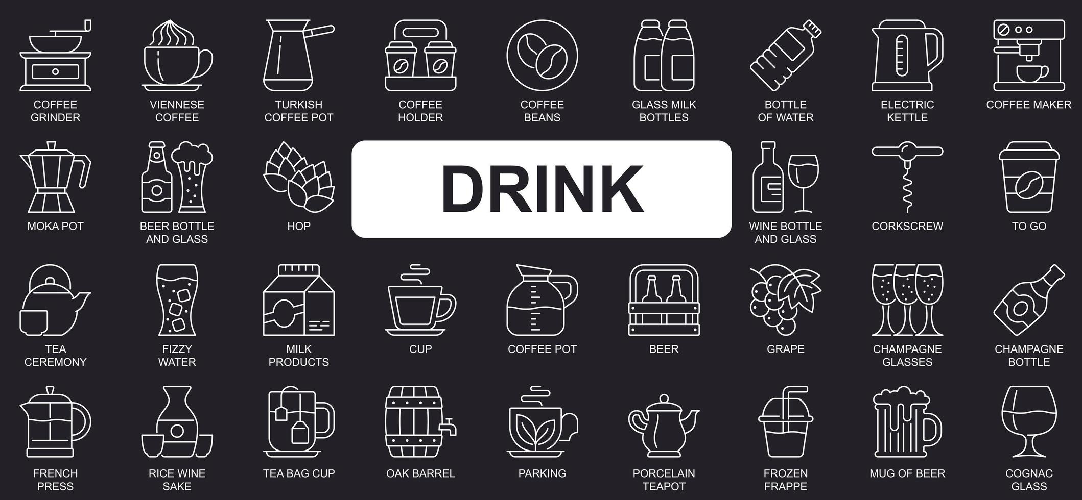 Drink concept simple line icons set. Bundle of coffee, turkish pot, beans, milk, wine, tea ceremony, beer, champagne, cognac and other. Vector pack outline symbols for website or mobile app design