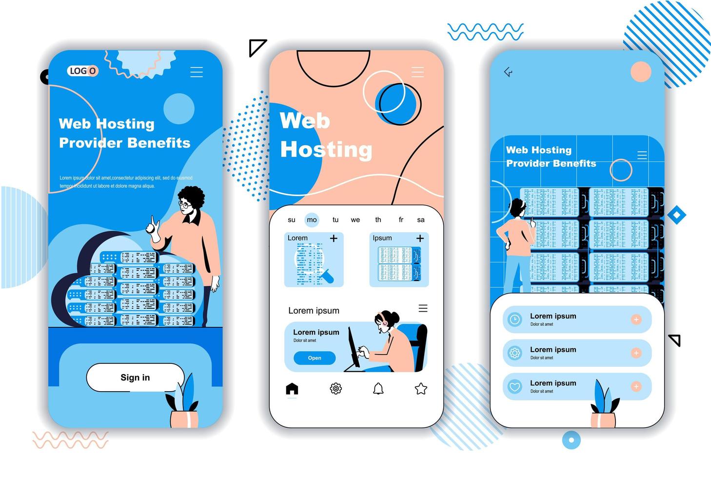 Web hosting concept onboarding screens for mobile app templates. Data center racks hardware and cloud technology. UI, UX, GUI user interface kit with people scenes for web design. Vector illustration