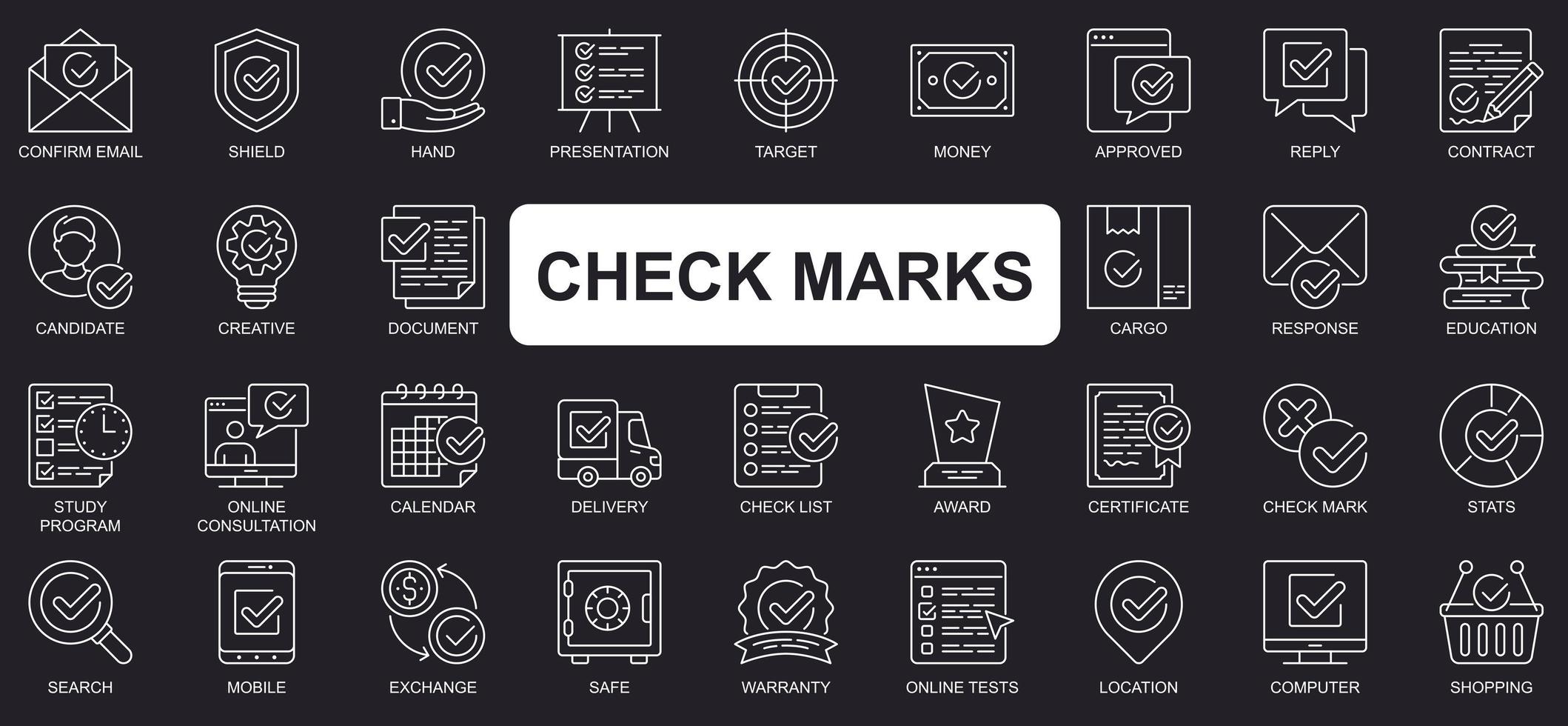 Check marks concept simple line icons set. Bundle of email, shield, hand, presentation, target, money, approved, reply, contract and other. Vector pack outline symbols for website or mobile app design