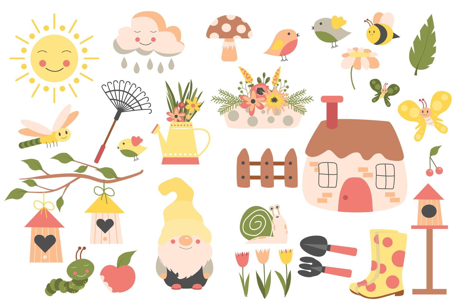 jardinería y colección de primavera en diseño plano. casa y valla, gnomo de jardín, botas de goma, herramientas, ramos de flores, pájaros, sol y otros elementos aislados. ilustración vectorial. estilo dibujado a mano. vector