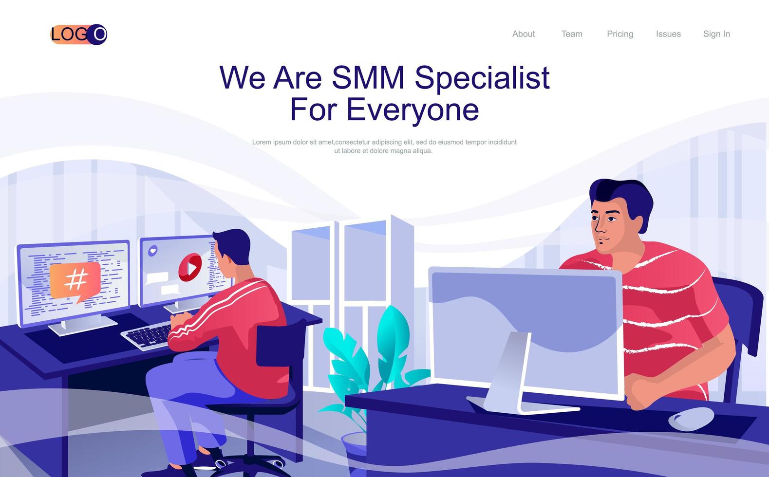 SMM specialist concept isometric landing page. People working at computers, create content and making in online promotion, 3d web banner. Vector illustration in flat design for website template