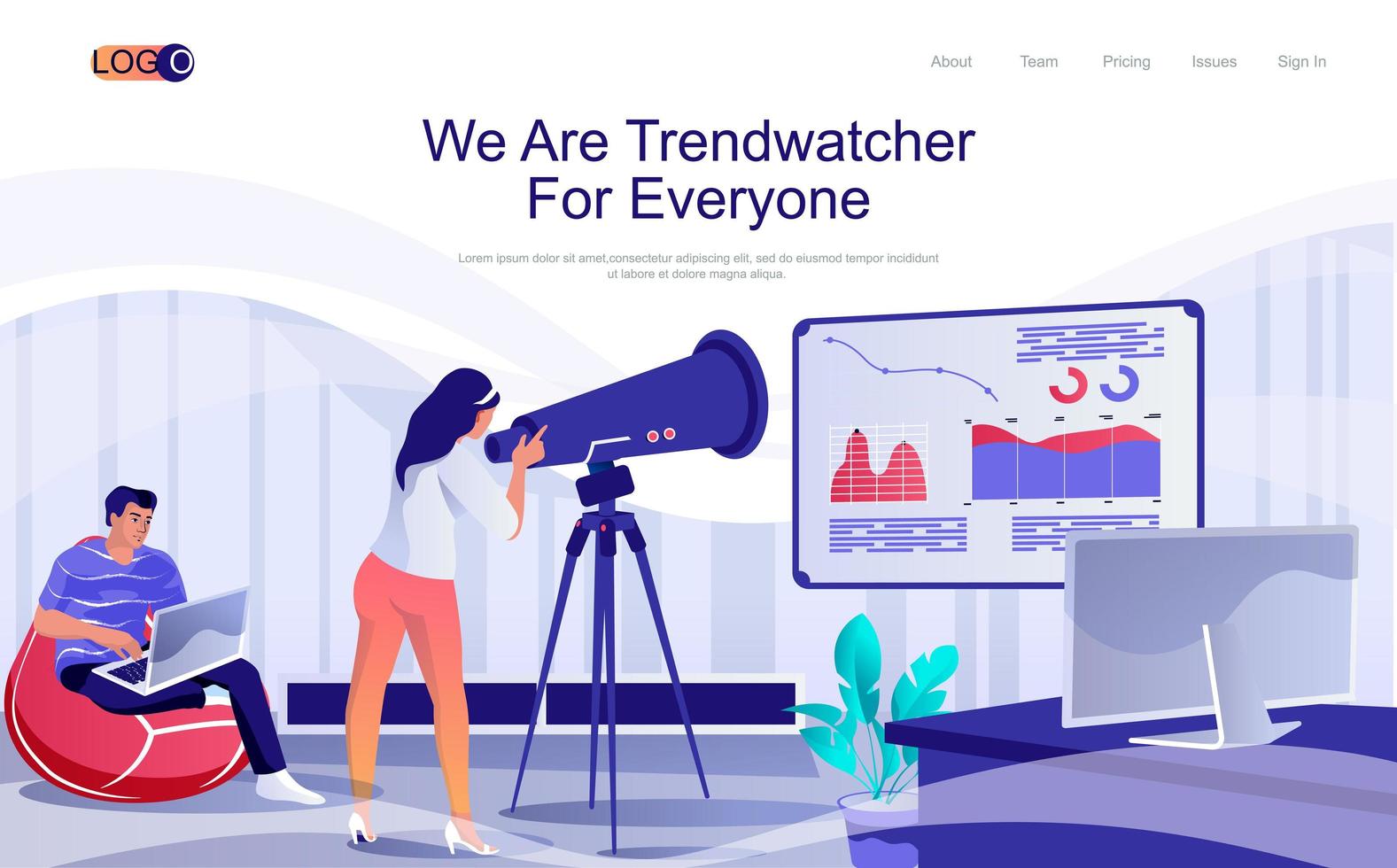 Trendwatcher concept isometric landing page. People analyze trends and new data, making marketing research and working in office, 3d web banner. Vector illustration in flat design for website template