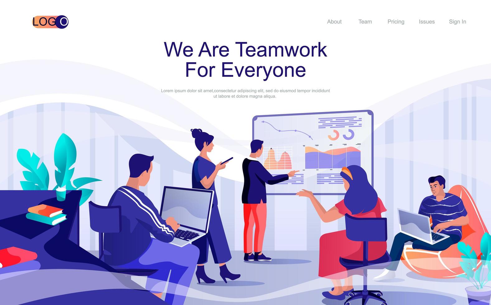 Teamwork concept isometric landing page. People listen to report presentation, discuss work tasks, brainstorming, collaboration, 3d web banner. Vector illustration in flat design for website template