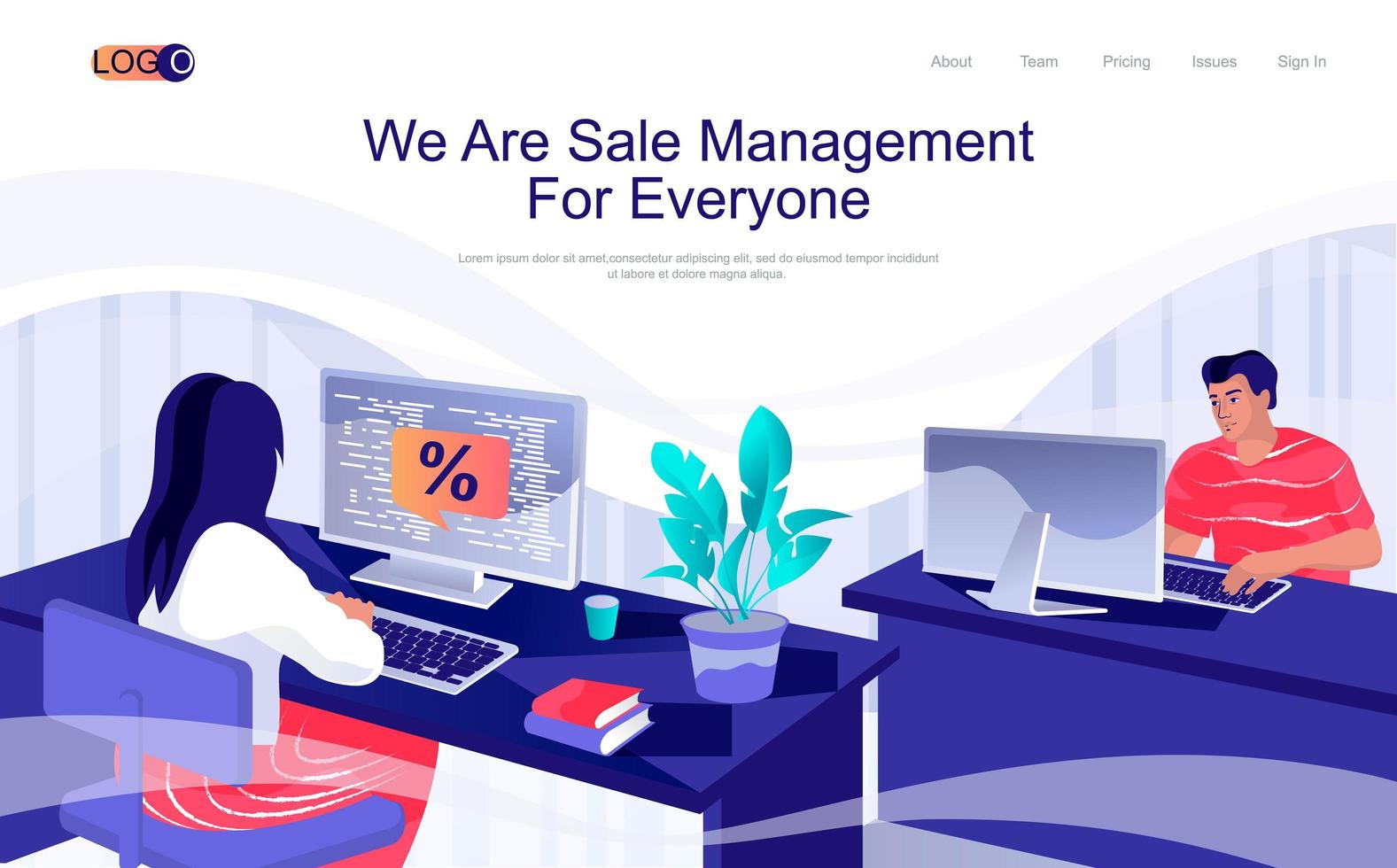 Sale management concept isometric landing page. People work at computers, analyze financial statistics, marketing and consulting, 3d web banner. Vector illustration in flat design for website template