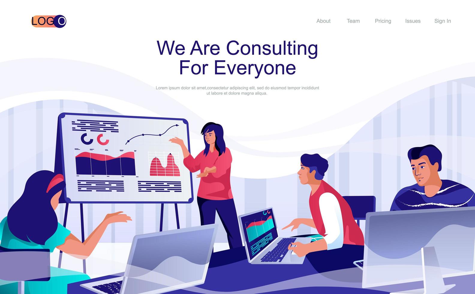 Consulting concept isometric landing page. People listen presentation in conference room, business management and optimization, 3d web banner. Vector illustration in flat design for website template