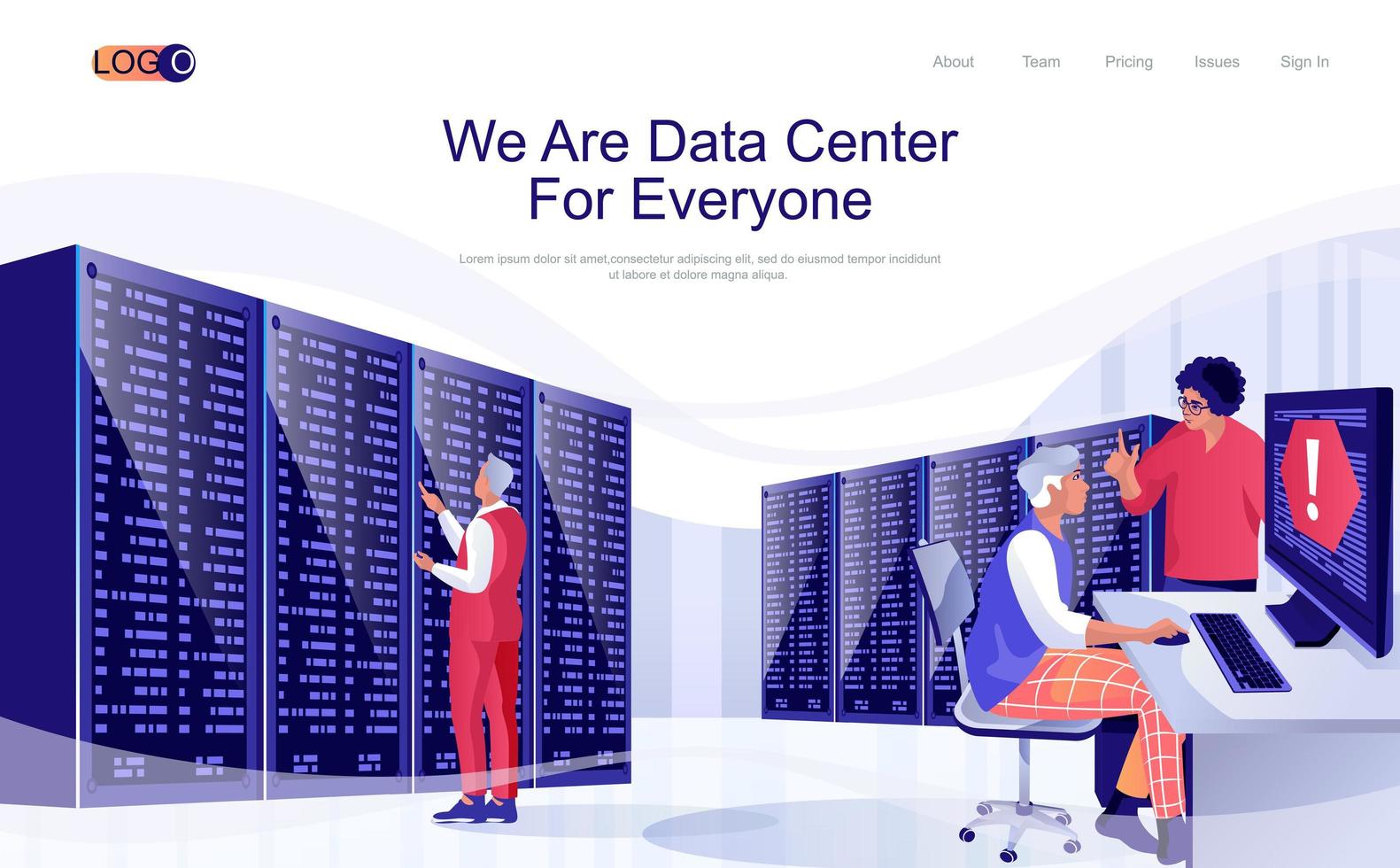 Data center concept isometric landing page. People work in hardware room racks, engineers maintain server room, database service, 3d web banner. Vector illustration in flat design for website template