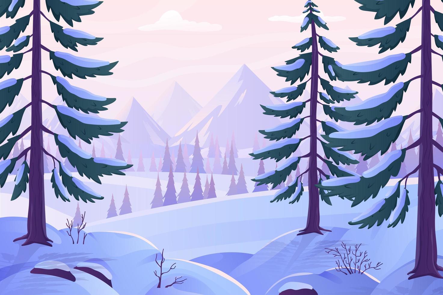 Winter forest view concept in flat cartoon design. Snowy fir trees and other evergreen trees on slopes and mountains on horizon. Day in woods or park. Natural scenery. Vector illustration background