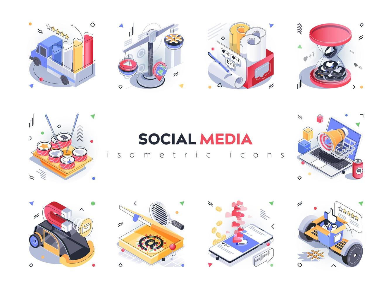 Social media isometric icons set. Content creation and publication, attracting new audience, digital marketing, likes and following, 3d isometry isolated pack. Vector illustration isometric elements