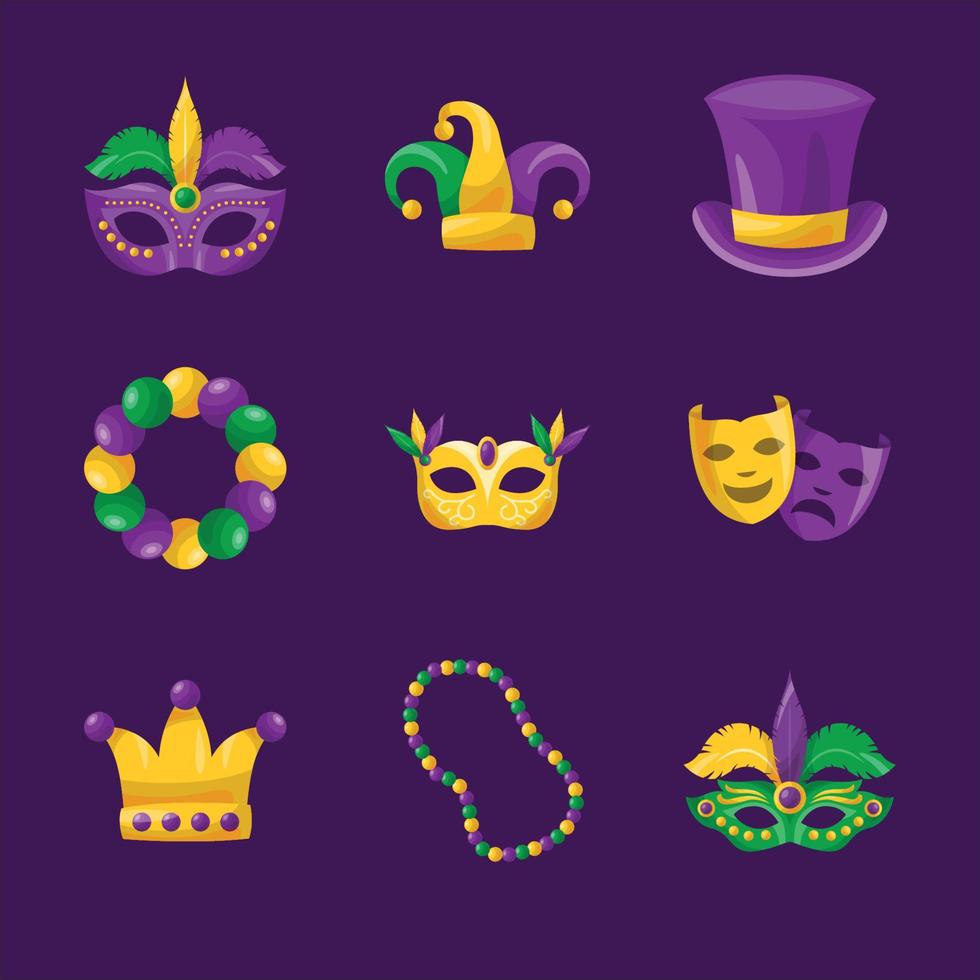 Colección de iconos de máscara y cuentas de Mardi Gras vector