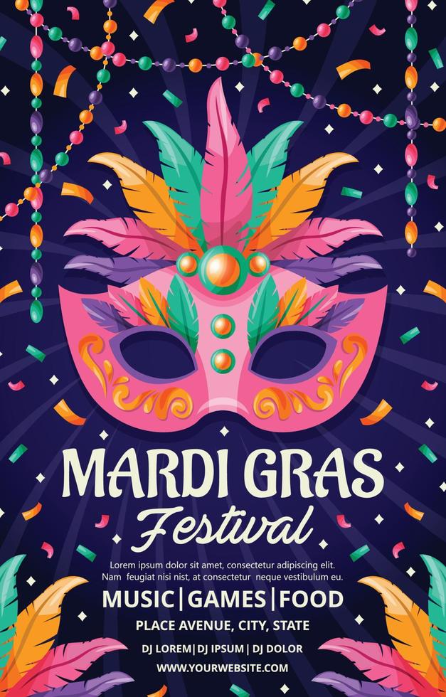 cartel del festival de máscara y cuentas de mardi gras vector