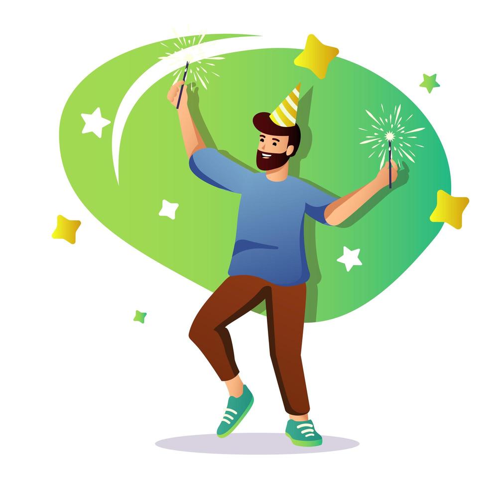 Man at party flat character concept for web design. Happy guy in festive hat holds sparklers and having fun on holiday, modern people scene. Vector illustration for social media promotional materials.