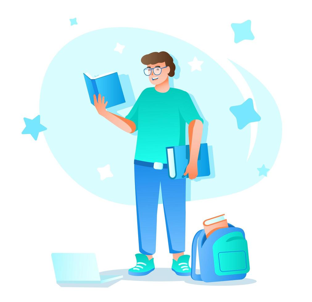 Distant learning flat character concept for web design. Man reads textbooks and studies from home, online courses, modern people scene. Vector illustration for social media promotional materials.