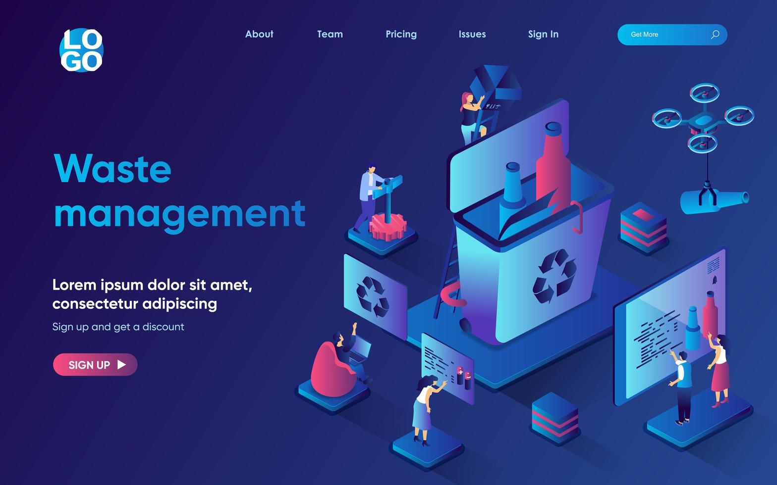 Waste management concept isometric landing page. Sorting of different types of trash, reuse and recycling of garbage, 3d web banner template. Vector illustration with people scene in flat design