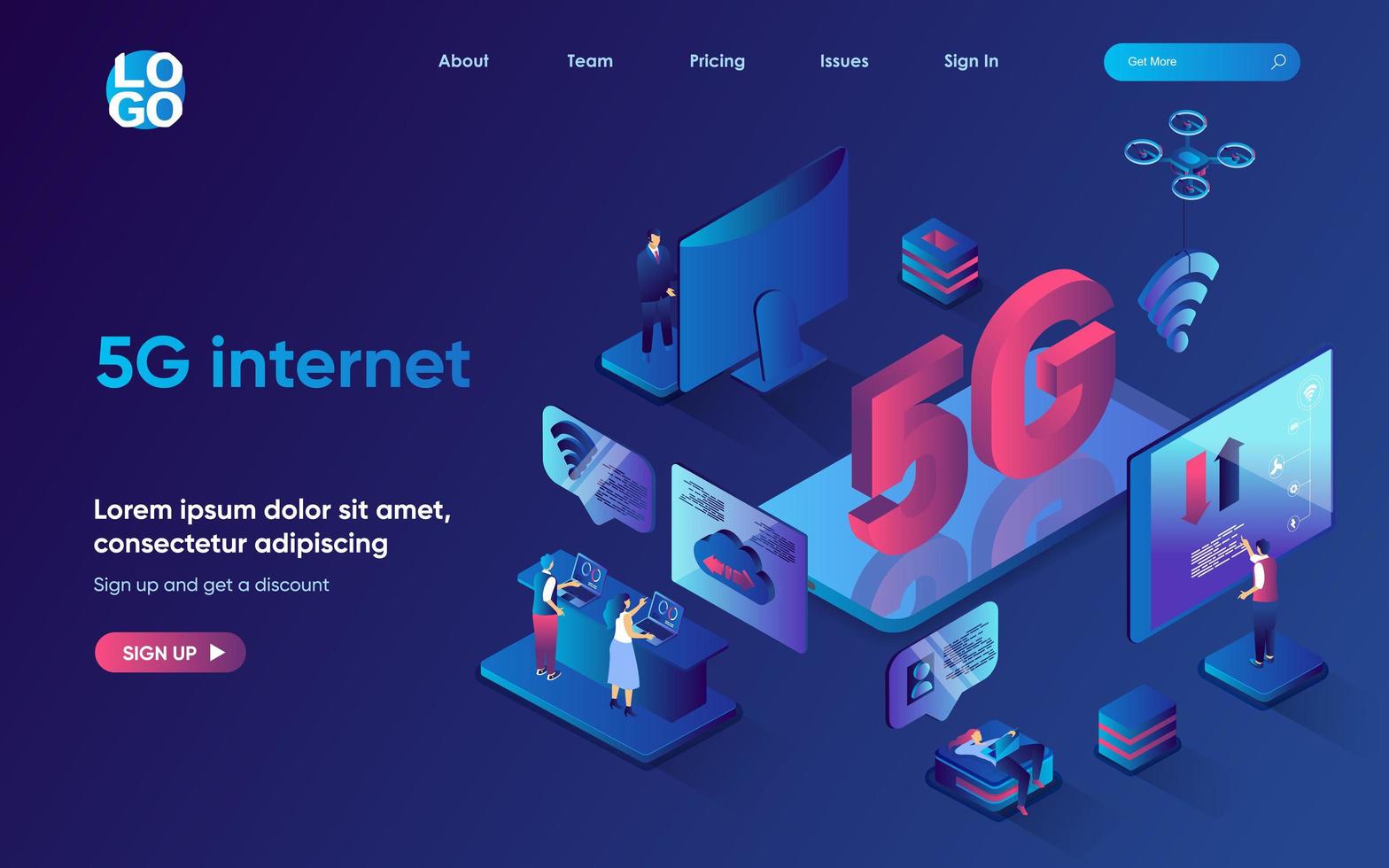 Página de inicio isométrica del concepto de internet 5g. los usuarios utilizan un nuevo punto de acceso de señal wifi de alta velocidad, tecnología de red global, plantilla de banner web 3d. ilustración vectorial con escena de personas en diseño plano vector