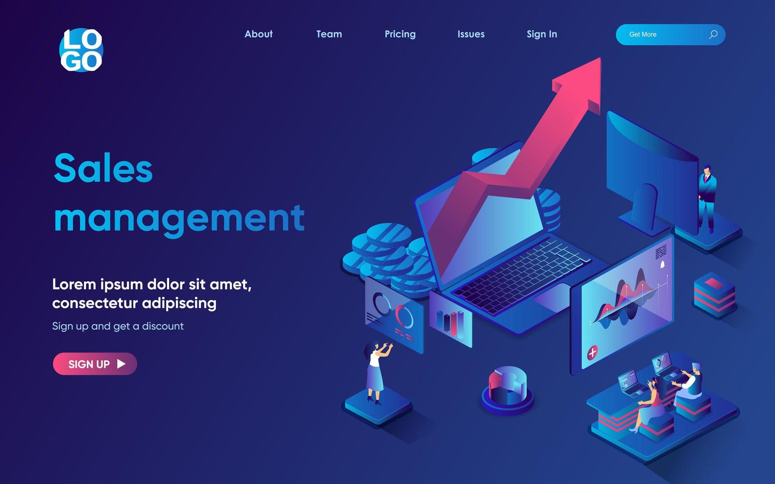 Sales management concept isometric landing page. Team analyzes financial data, develops successful marketing strategy, 3d web banner template. Vector illustration with people scene in flat design