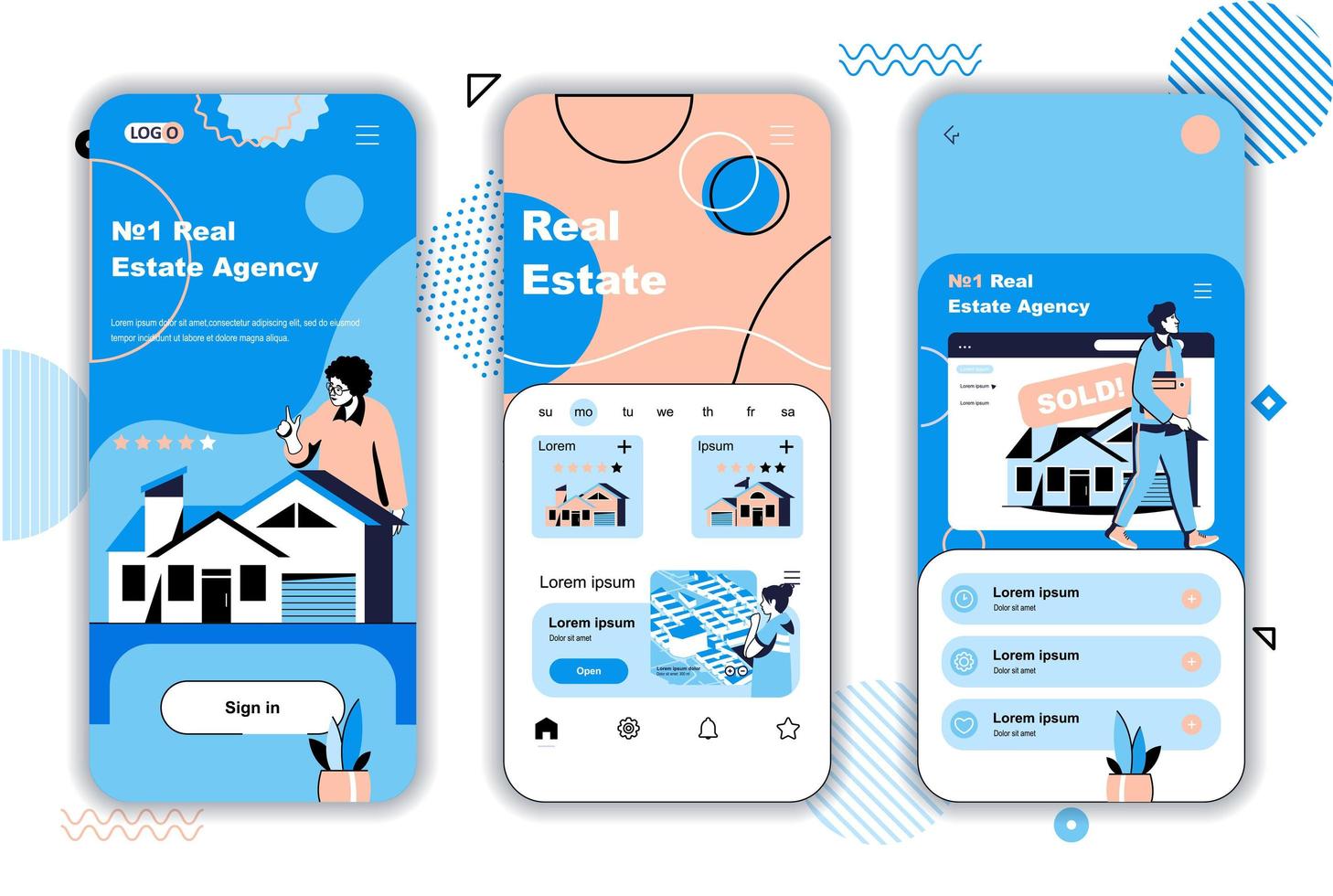 Real estate concept onboarding screens for mobile app templates. Buying and selling housing, building houses. UI, UX, GUI user interface kit with people scenes for web design. Vector illustration