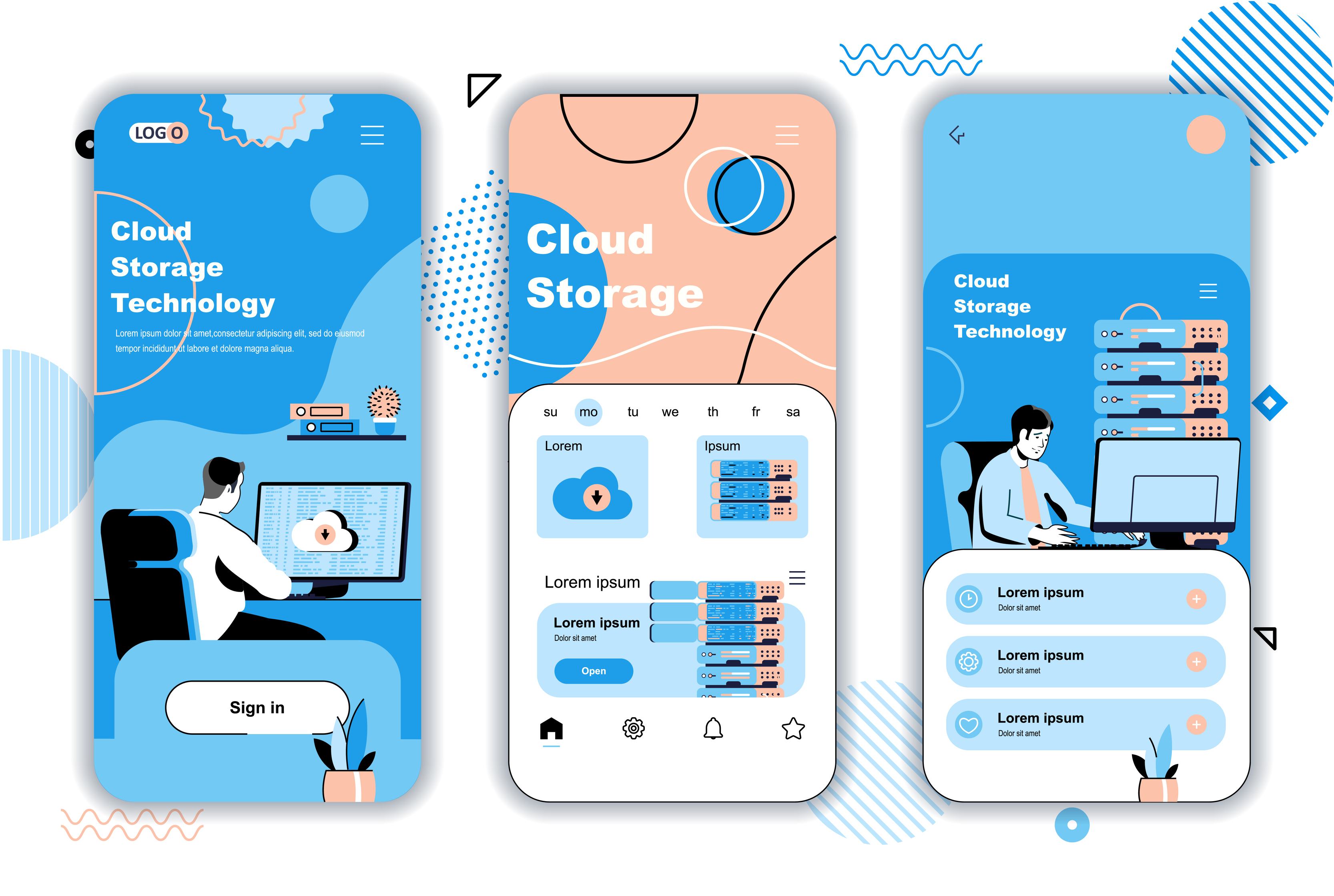 Cloud storage concept onboarding screens for mobile app templates