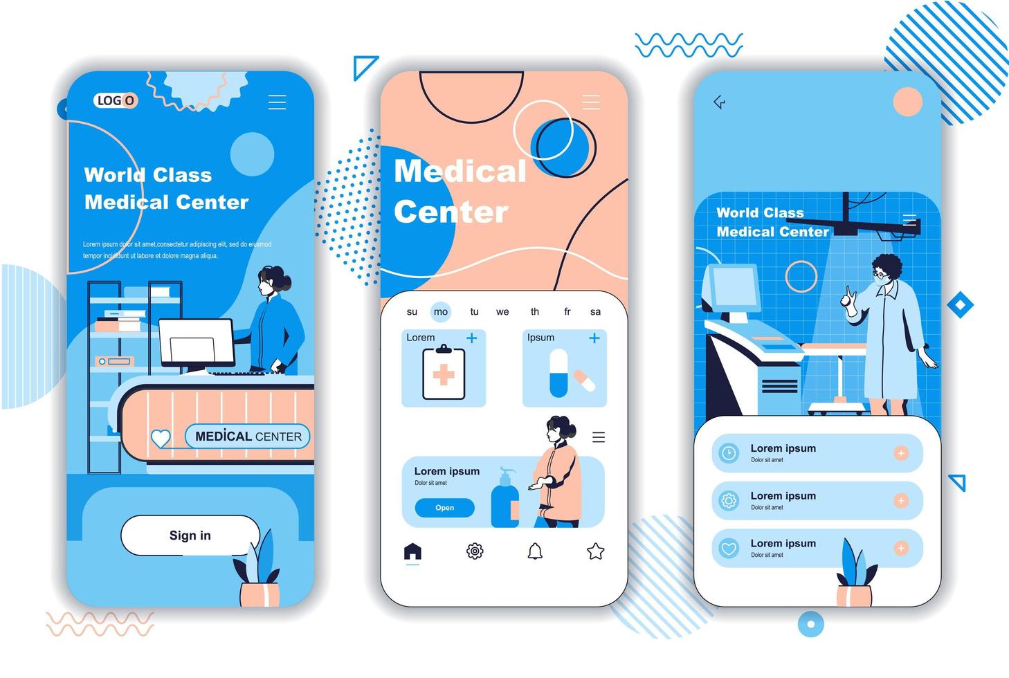 Medical center concept onboarding screens for mobile app templates. Diagnostics, treatment, doctor consultation. UI, UX, GUI user interface kit with people scenes for web design. Vector illustration