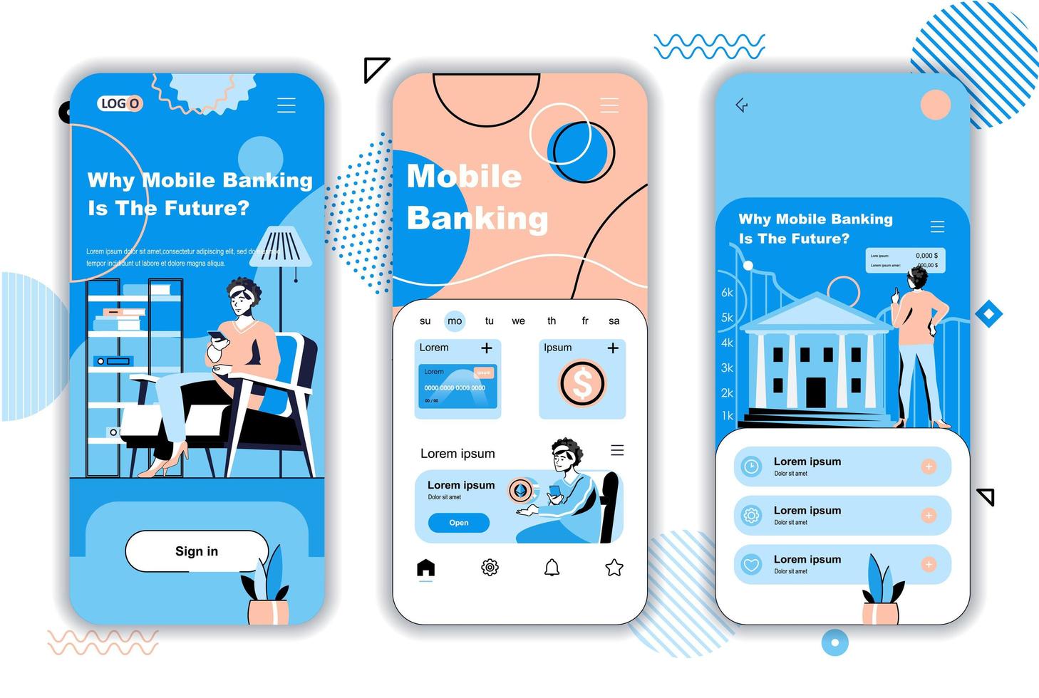 pantallas de incorporación de concepto de banca móvil para plantillas de aplicaciones móviles. transacciones financieras y pagos en línea. Kit de interfaz de usuario ui, ux, gui con escenas de personas para diseño web. ilustración vectorial vector