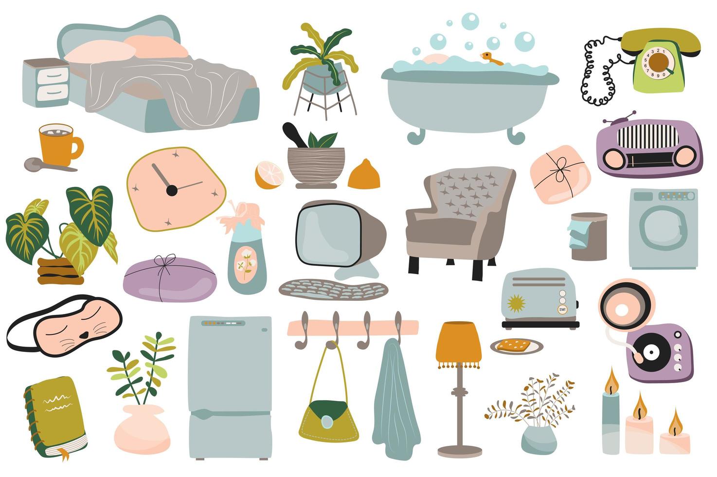 Cozy interior collection in flat design. Furniture for bedroom, bathroom, kitchen. Bed bathtub, armchair, computer, lamp, decor, others isolated elements set. Vector illustration. Hand drawn style.