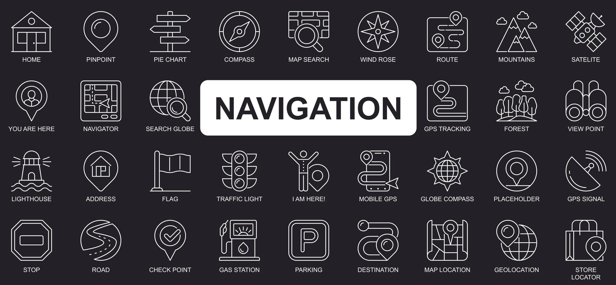 Navigation concept simple line icons set. Bundle of home, pinpoint, compass, map, search, route, mountains, satellite, tracking and other. Vector pack outline symbols for website or mobile app design