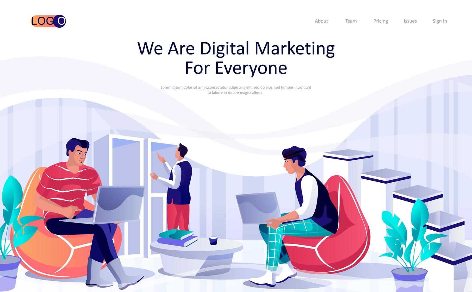 Digital marketing concept isometric landing page. People work on laptops, ad campaigns, online promotion in social networks, 3d web banner. Vector illustration in flat design for website template
