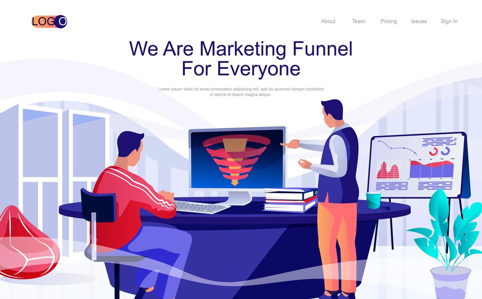 Marketing funnel concept isometric landing page. People analyze data, develop lead generation strategy, buyers make purchases, 3d web banner. Vector illustration in flat design for website template