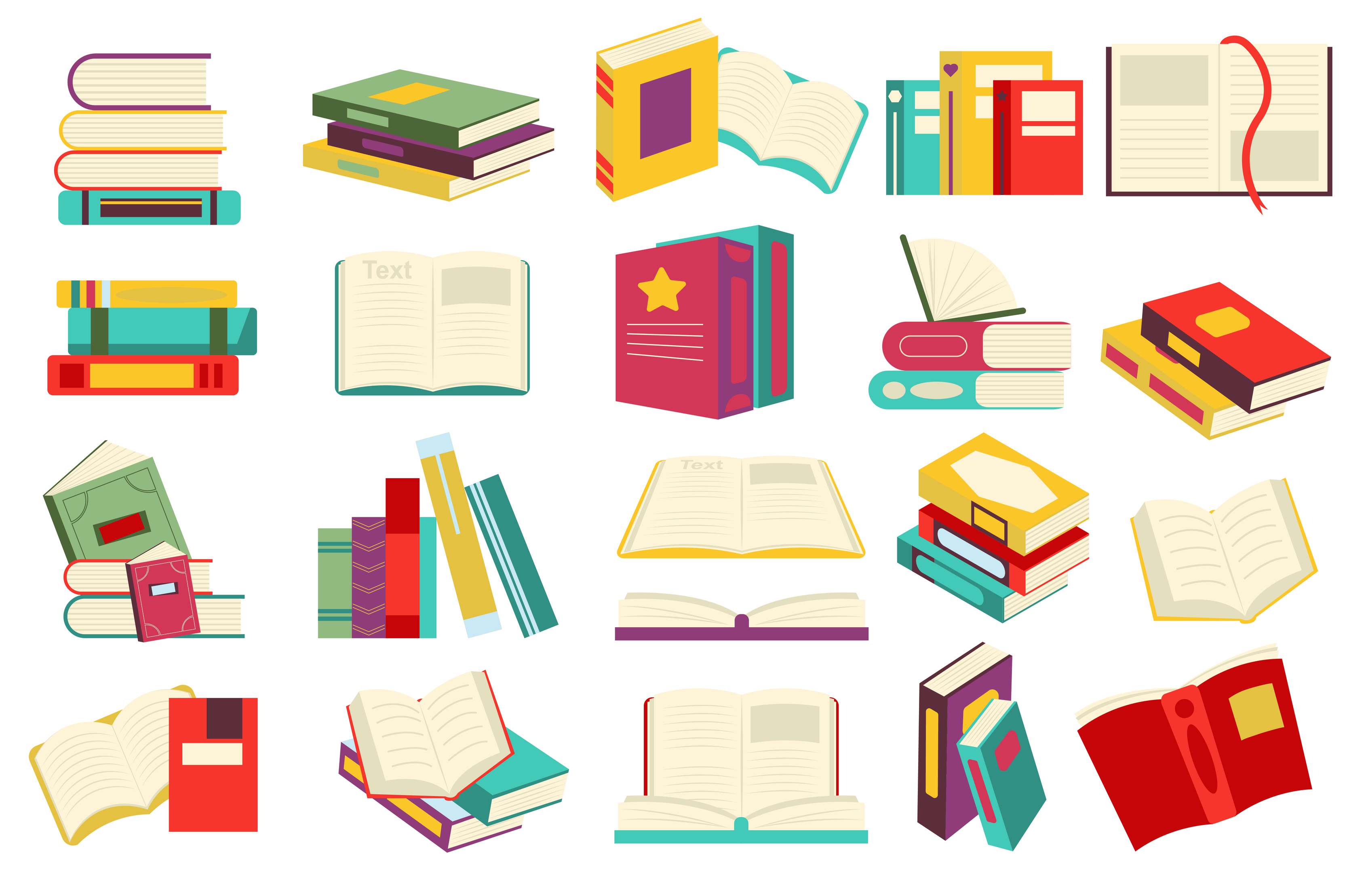 Reading book set in flat cartoon design. Stacks of books or textbook, open  pages with bookmarks, literature of different genres. Library or bookstore  collection isolated elements. Vector illustration 4946999 Vector Art at