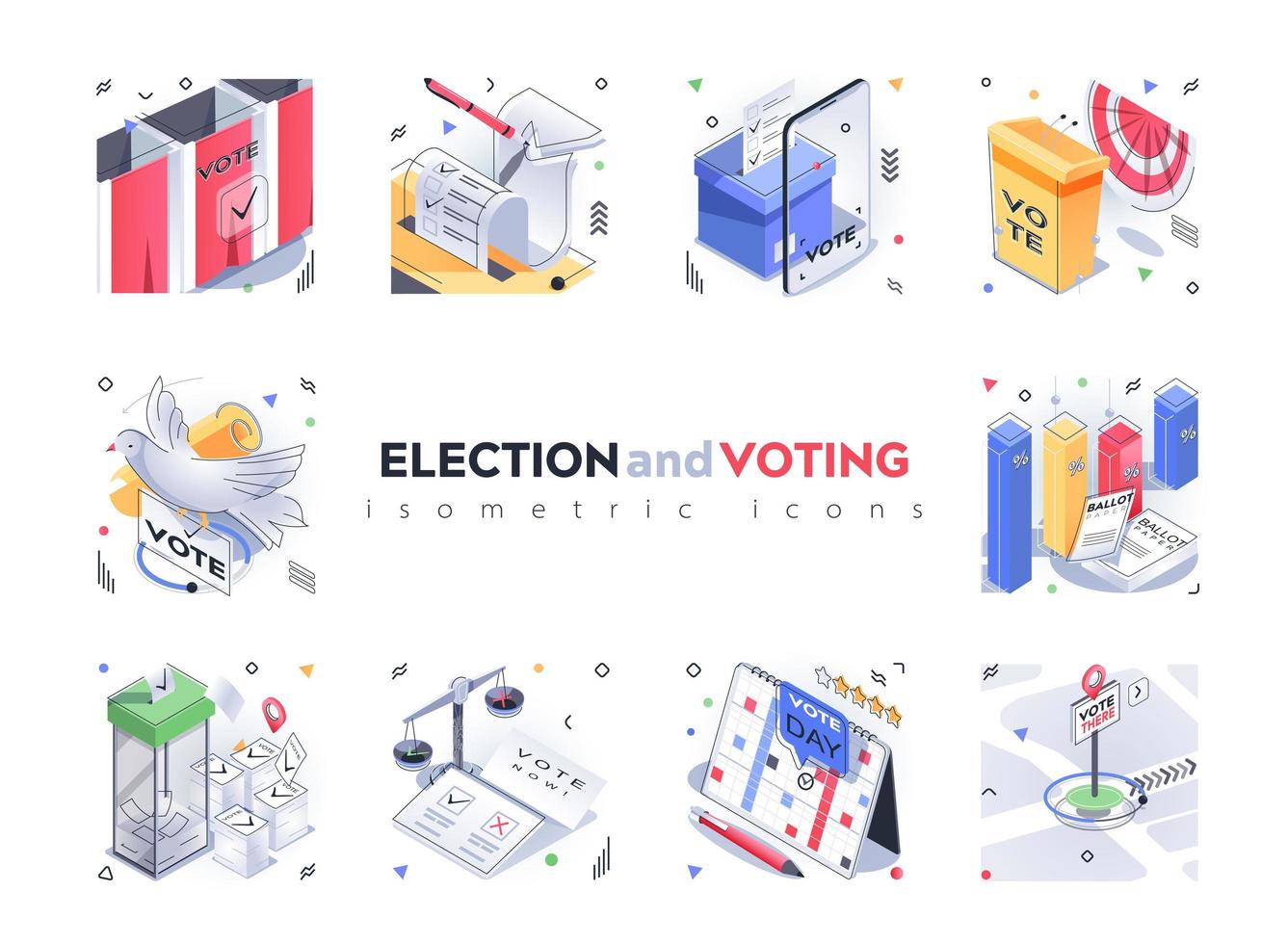 Election and Voting isometric icons set. Polling stations, list of candidates, election day, legal election campaign, ratings analysis 3d isometry isolated pack. Vector illustration isometric elements