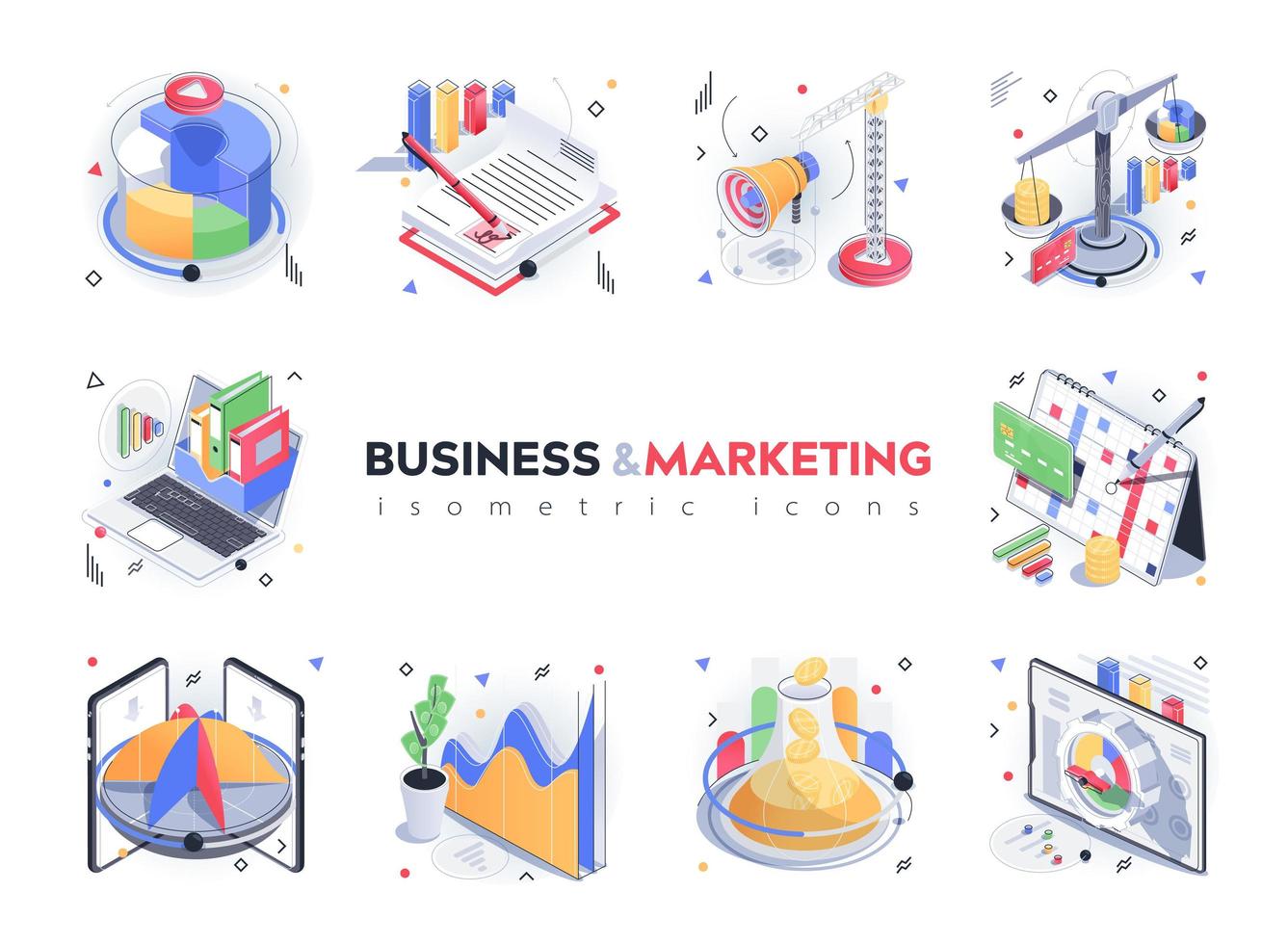 Business and marketing isometric icons set. Data analysis, financial statistics, advertising, promotion strategy, company development 3d isometry isolated pack. Vector illustration isometric elements
