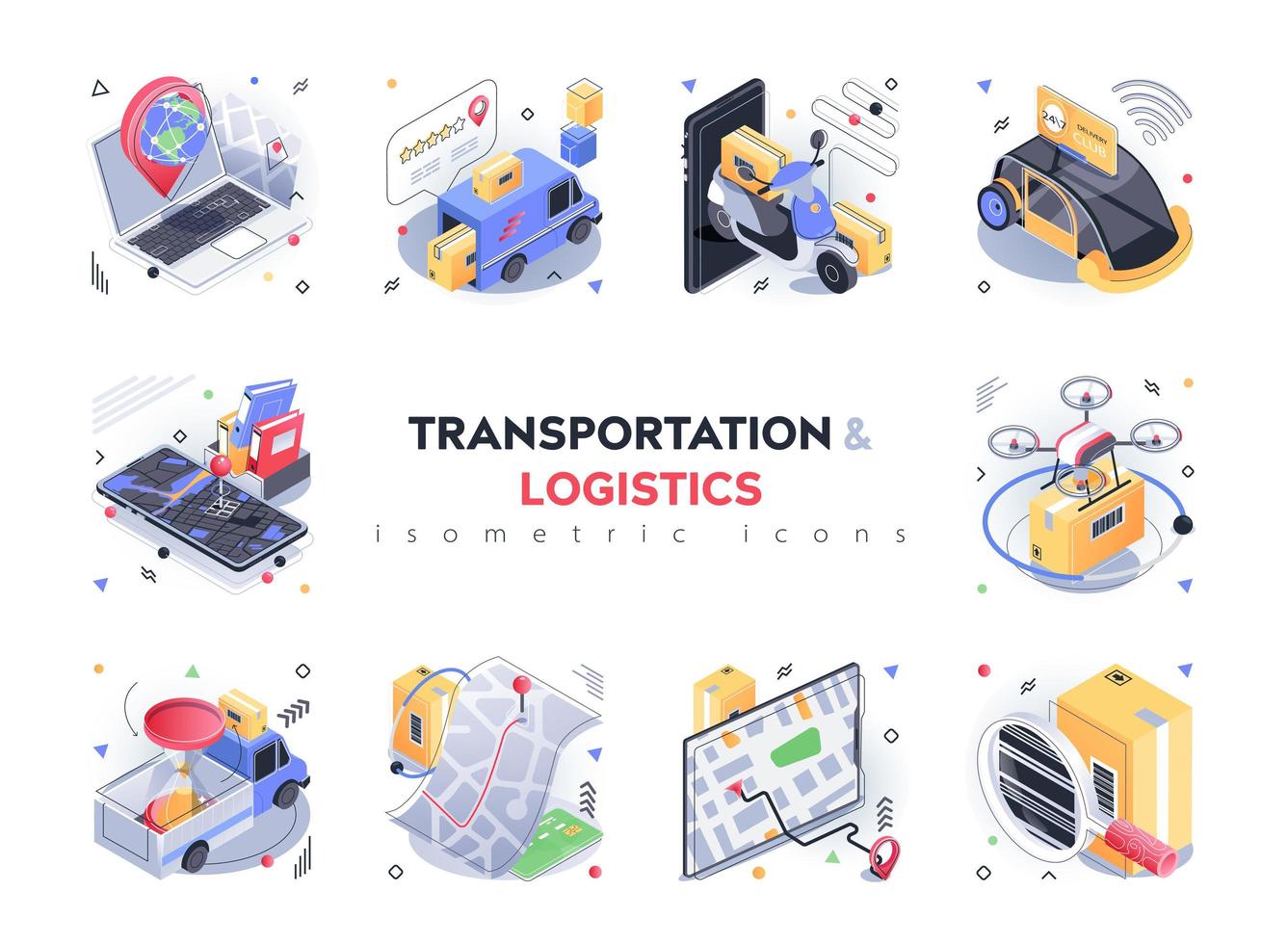 Transportation and logistics isometric icons set. Global delivery service, storage of parcels in warehouses, online tracking in app, 3d isometry isolated pack. Vector illustration isometric elements