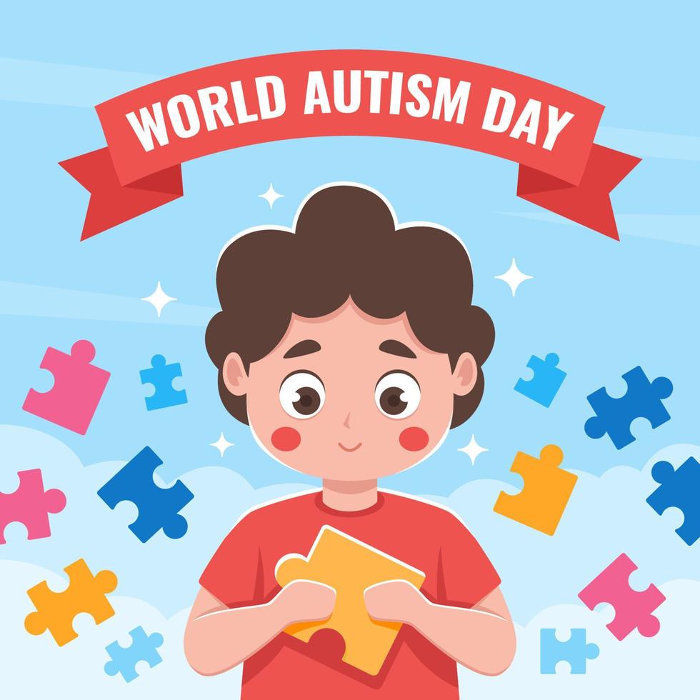 World Autism Day with Boy and Puzzle Pieces vector