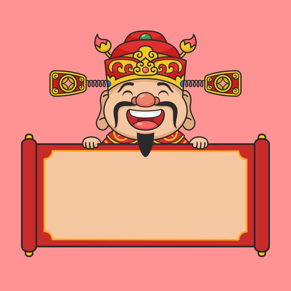 Cute Cninese New Year Fortune God Behind Scroll vector