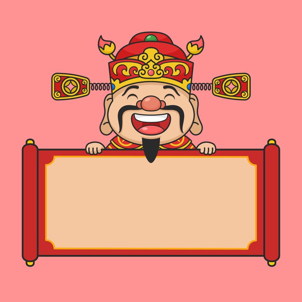 Cute Cninese New Year Fortune God Behind Scroll vector