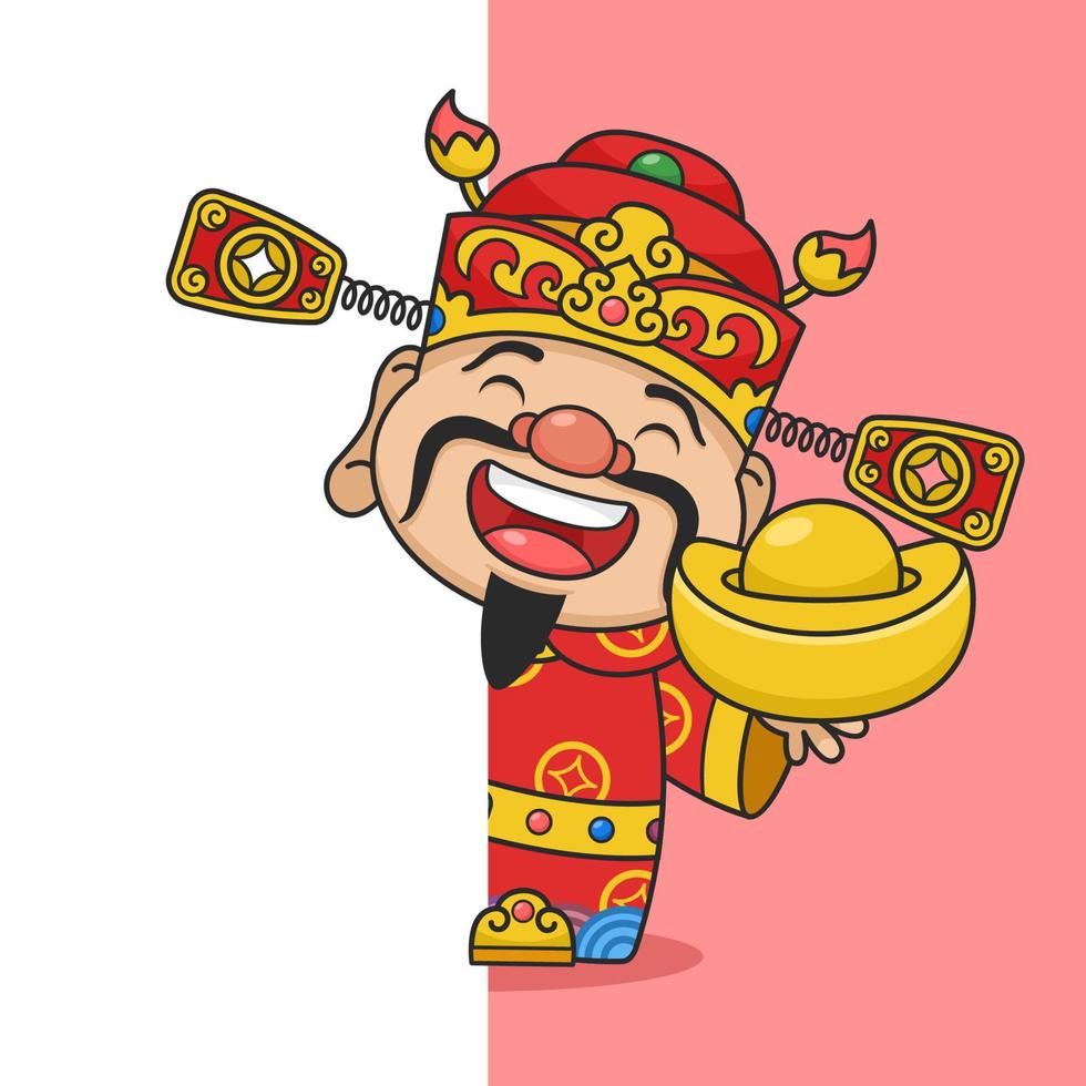 Cute Chinese New Year Fortune God Holding Gold Money Behind Wall vector