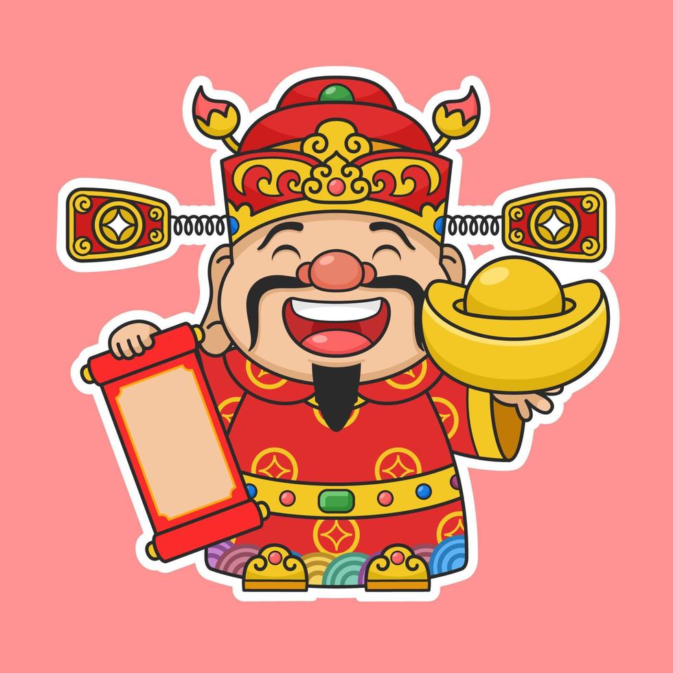 Cute Chinese New Year Fortune God Holding Gold Money And Scroll vector