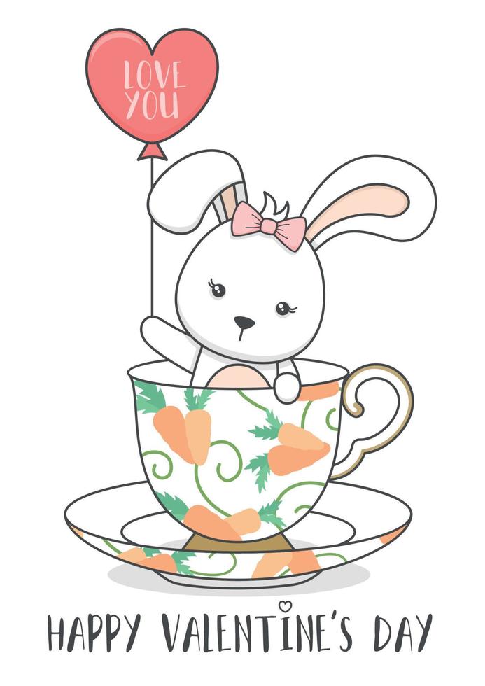 Cute Valentines Day Bunny Rabbit Holding Balloon In A Cup vector