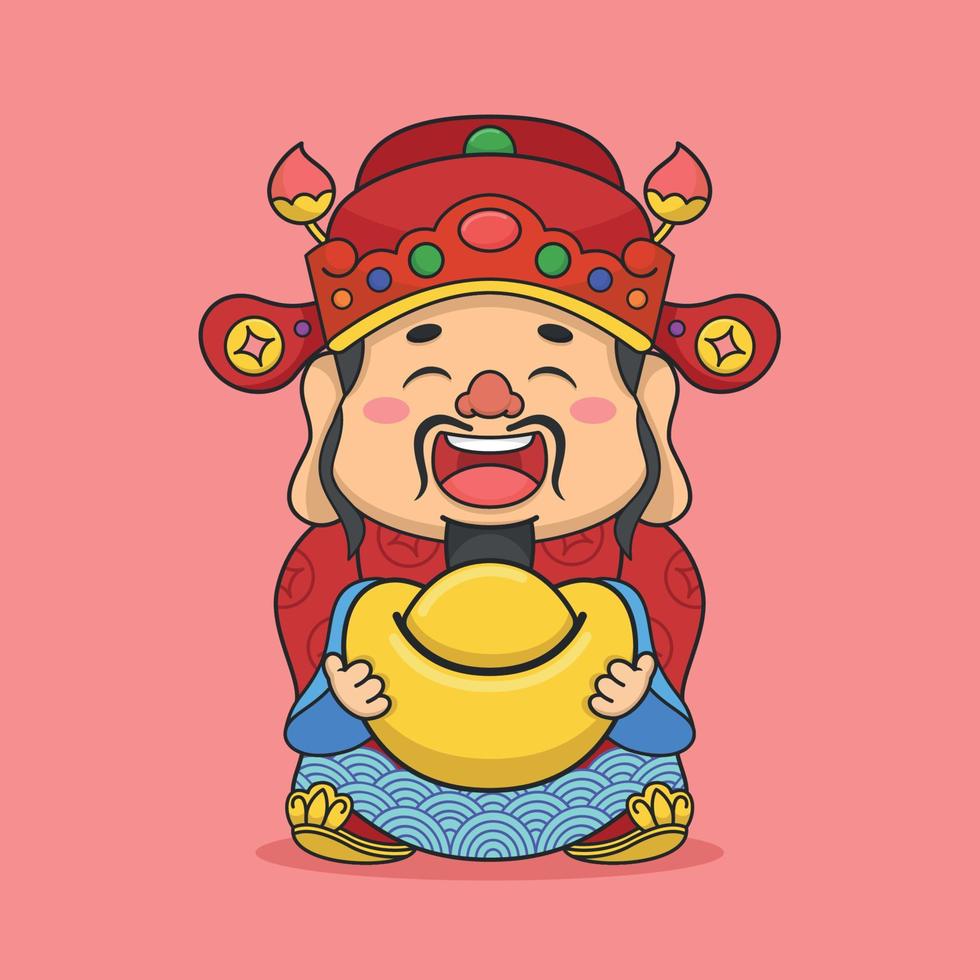 Cute Chinese New Year Fortune God Holding Big Gold Money vector