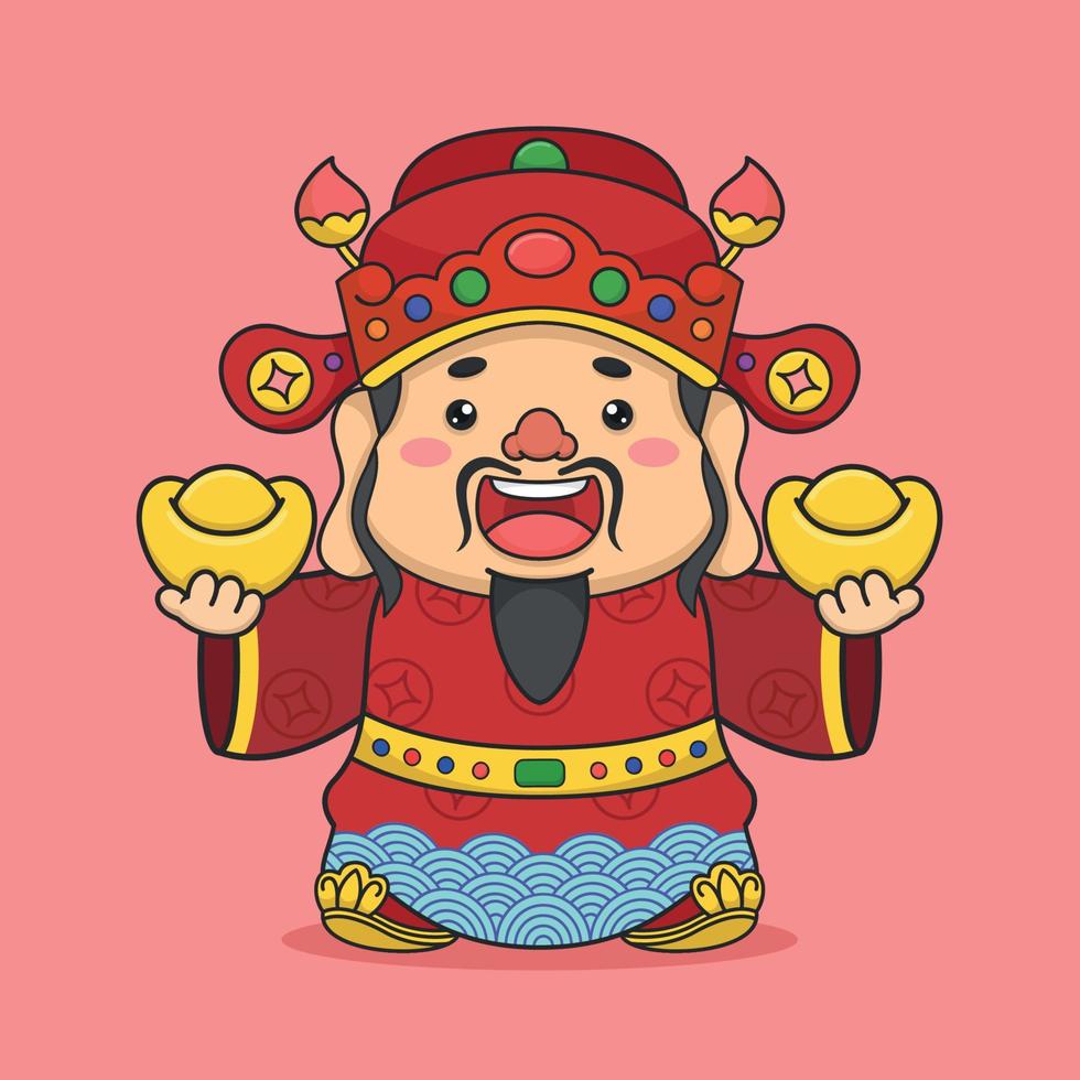 Cute Chinese New Year Fortune God Holding Two Gold Money vector