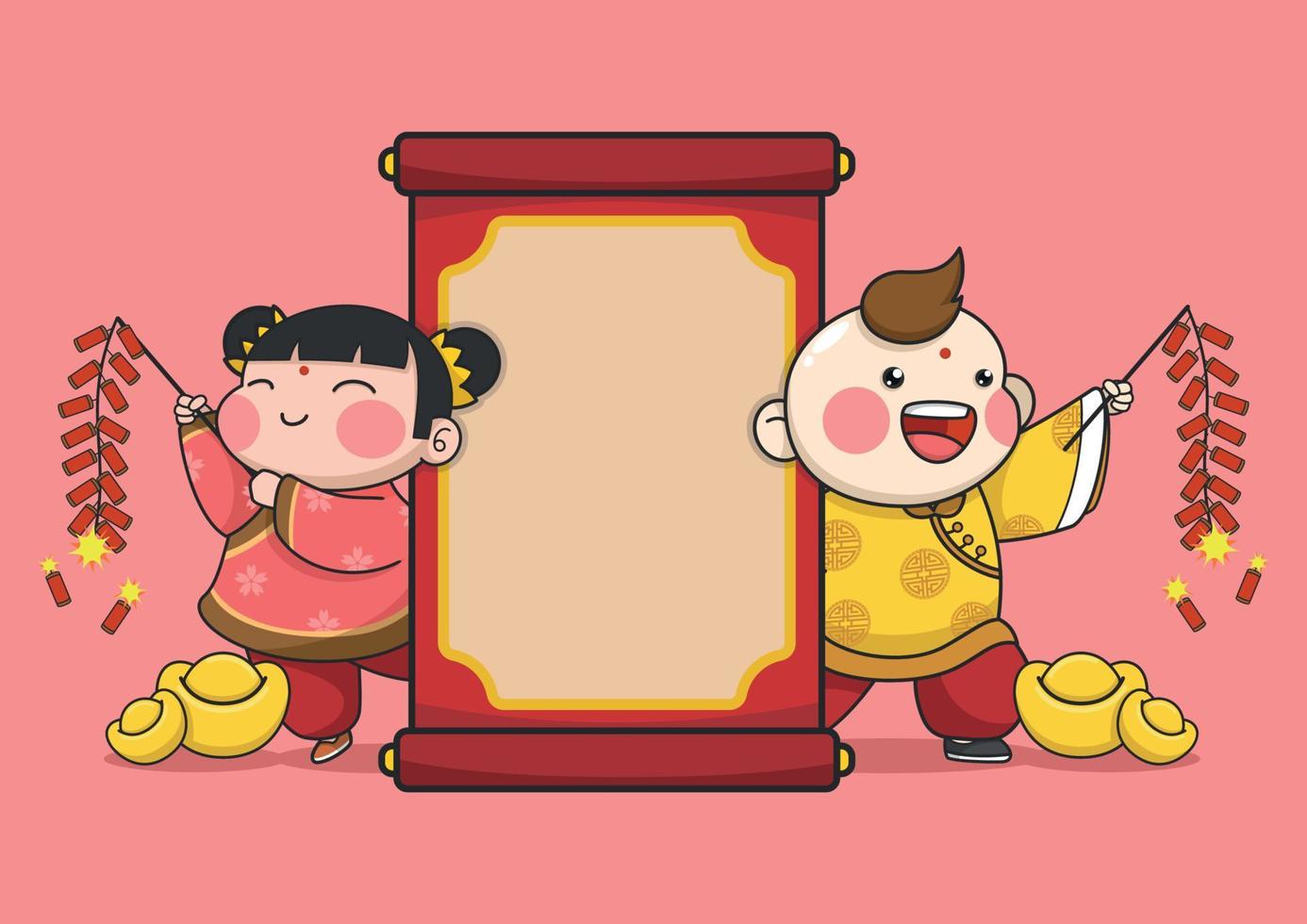 Cute Chinese New Year Kids Playing Firecracker With Scroll vector